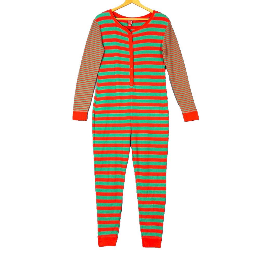 Target Holiday Striped Thermal Pajama 1 Piece Red Green Henley Union Suit Small